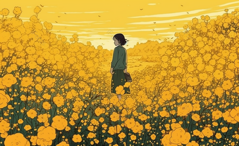漂亮女孩花海游玩唯美风景插画,插画/手绘图,插画/手绘图库,插画/手绘图下载,插画/手绘